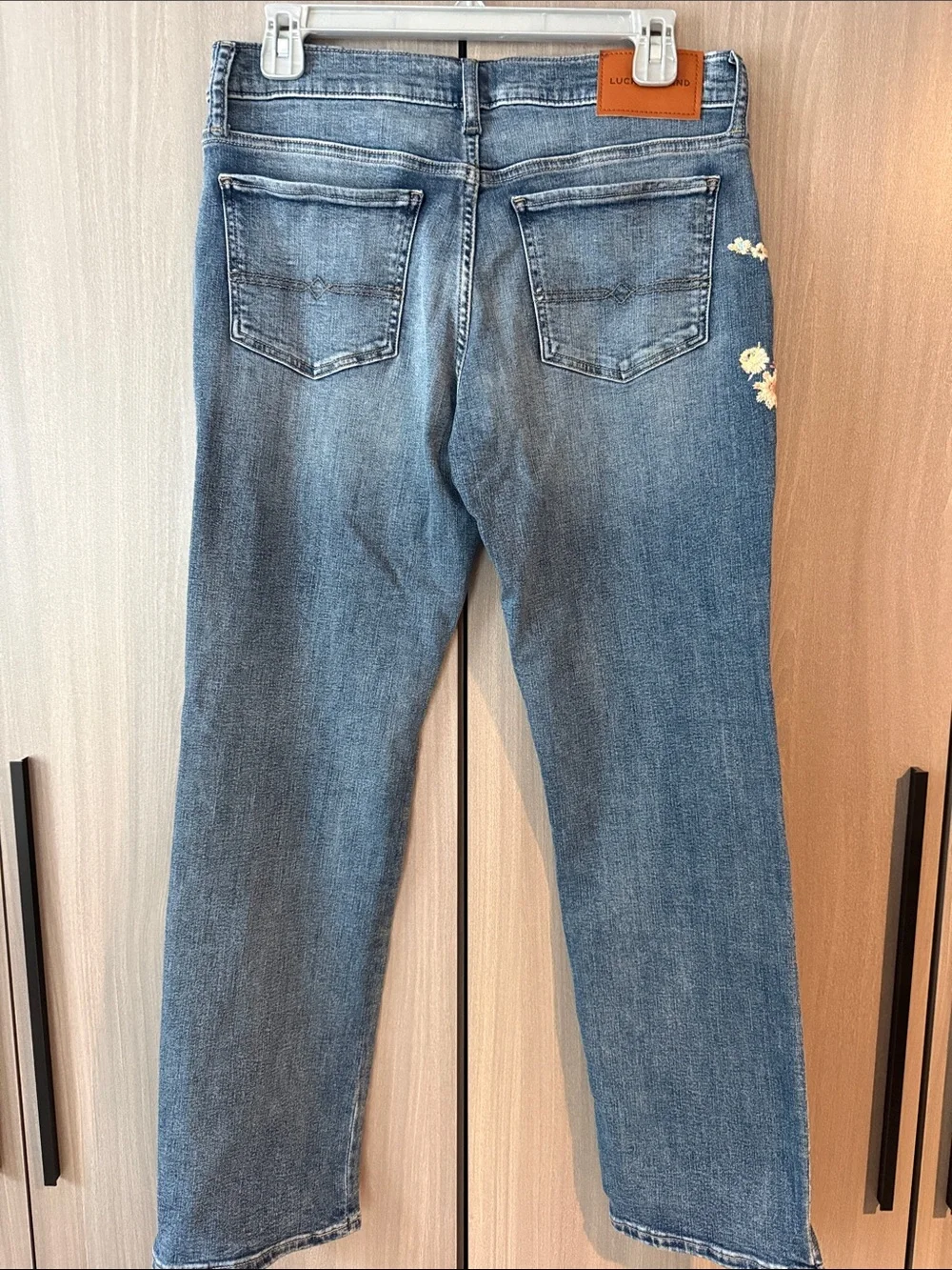 Lucky Brand Medium Blue Straight Jeans with Floral Embroidery